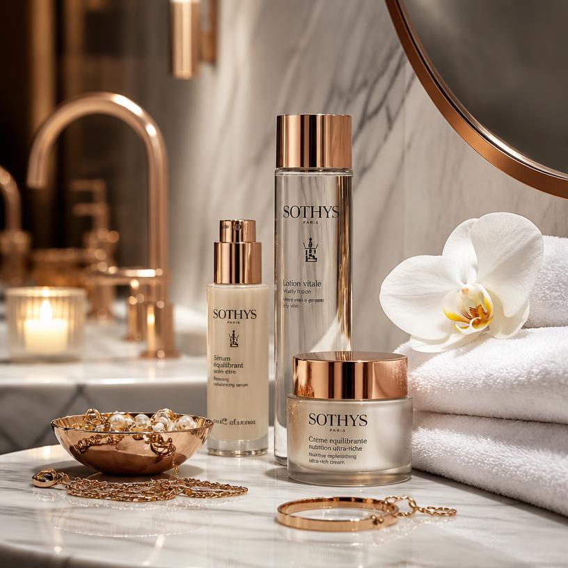 Elegant marble beauty vanity with luxury skincare