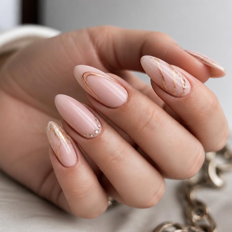 Luxury manicured nails in soft pink with gold accents